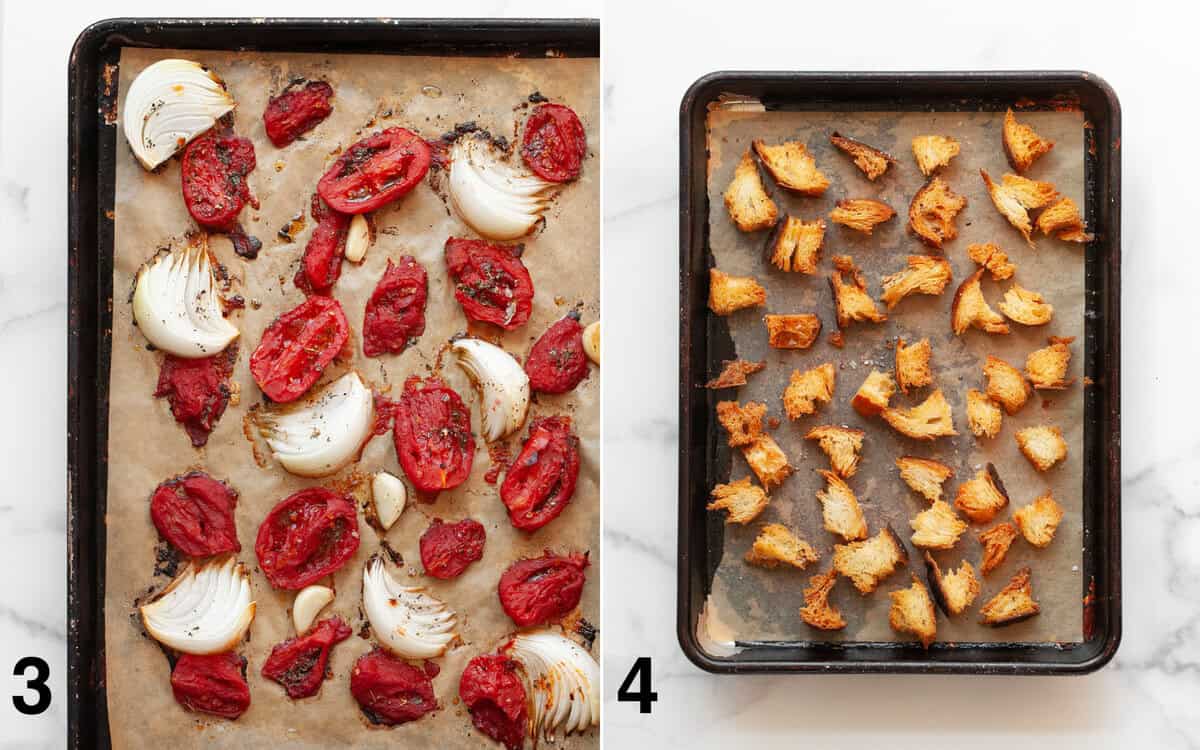 Roasted tomatoes, onions and garlic on a sheet pan. Croutons on another pan.