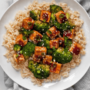 Honey garlic tofu and broccoli over brown rice.