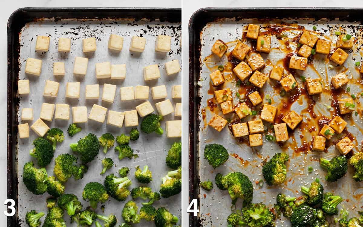 Tofu and broccoli on sheet pan before and after they are tossed with sauce.