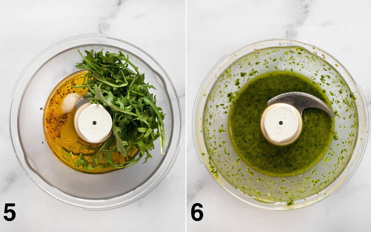 Arugula vinaigrette in a food processor bowl before and after it is pureed.