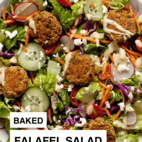 Salad with baked falafel on a plate.