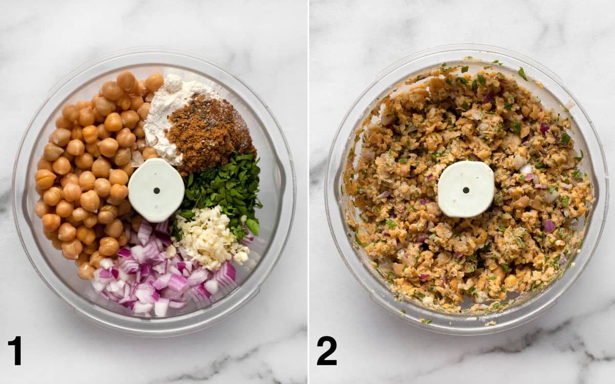 Ingredients for falafel in food processor bowl before and after pureeing.