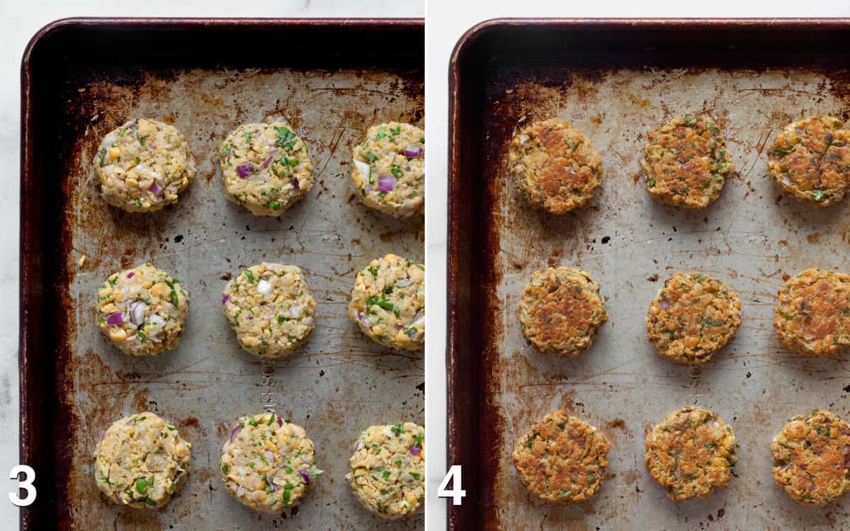 Falafel on sheet pan before and after baking.