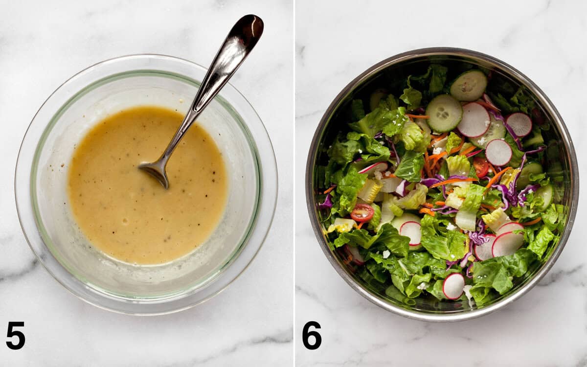 Lemon tahini dressing in a bowl. Salad tossed in another bowl.