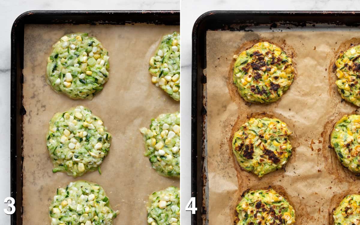 Zucchini corn fritters on a sheet pan before and after they are baked.