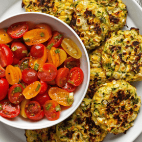 Baked zucchini corn fritters in a plate with a fresh tomato salad in a bowl.
