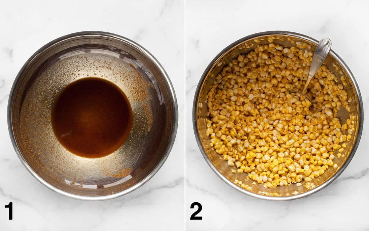 Oil and spices mixed in a bowl. Raw corn kernels stirred into spiced-oil.