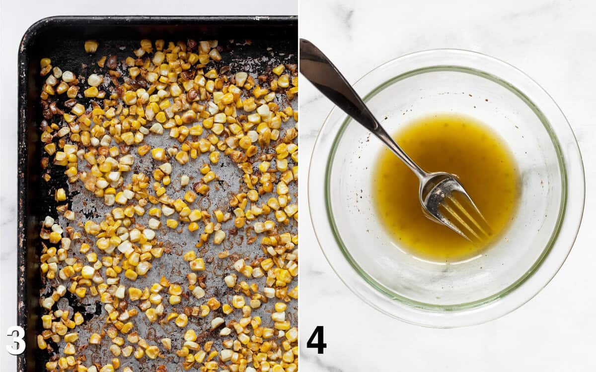 Roasted corn on a sheet pan. Vinaigrette in a small bowl.