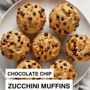 Chocolate chip zucchini muffins on a plate.