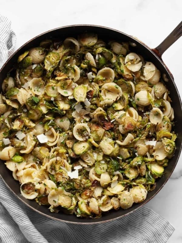 Brussels sprout pasta in a large skillet.