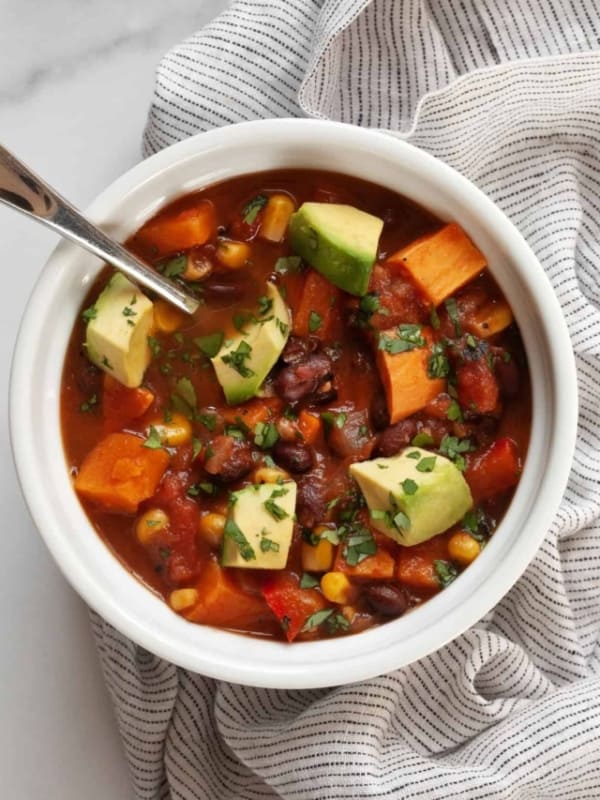 Sweet potato black bean chili in a bowl.