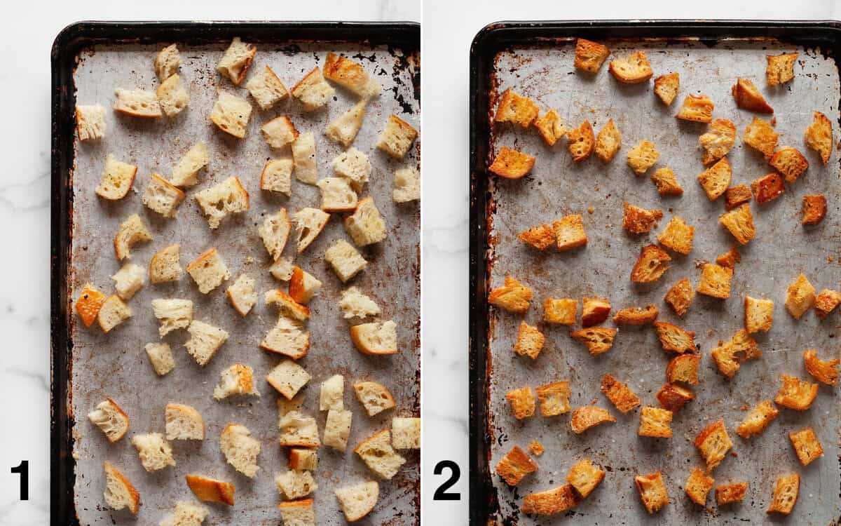 Croutons on a sheet pan before and after they bake in the oven.