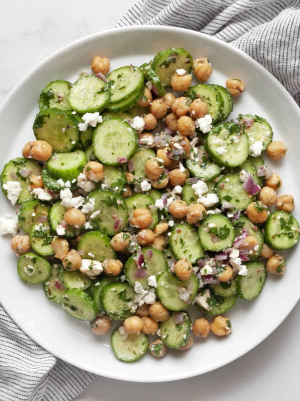 Chickpea cucumber salad on a plate.