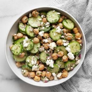 Chickpea cucumber salad in a small bowl.