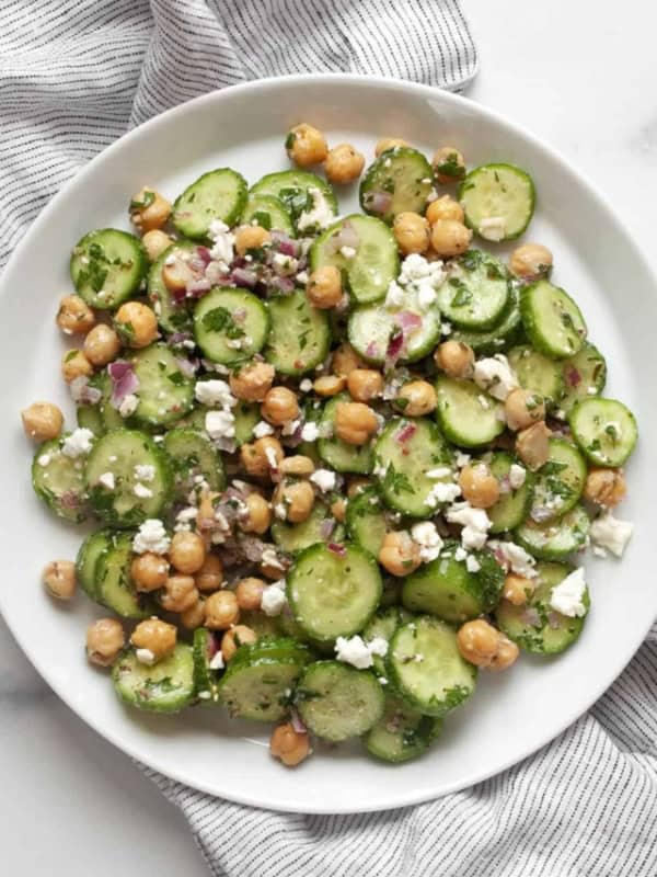 Cucumber chickpea salad on a plate.
