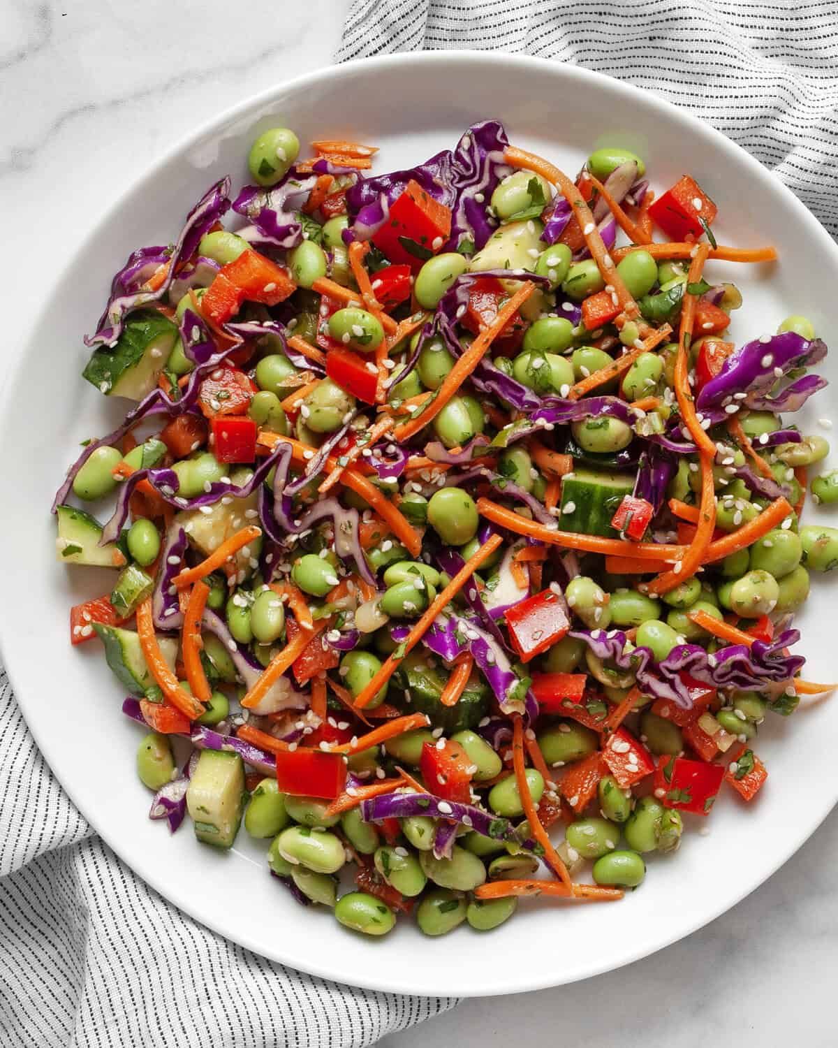 Edamame salad on a plate.