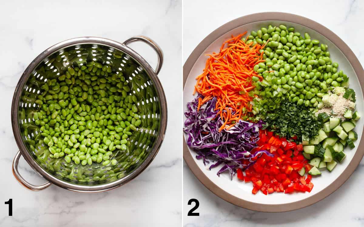 Edamame in a colander. Salad ingredients in a large bowl.