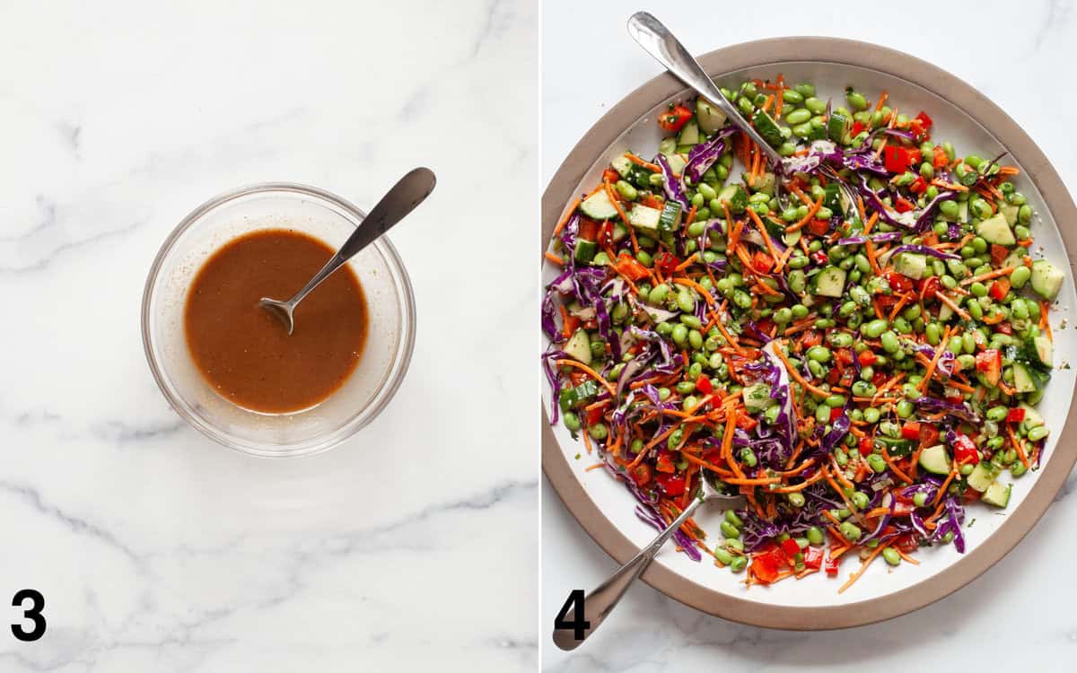 Tahini ginger dressing in a small bowl. Salad tossed with dressing.