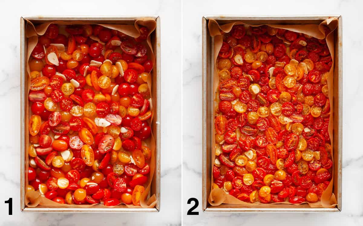 Tomatoes, garlic and olive oil in a pan before and after they roast.