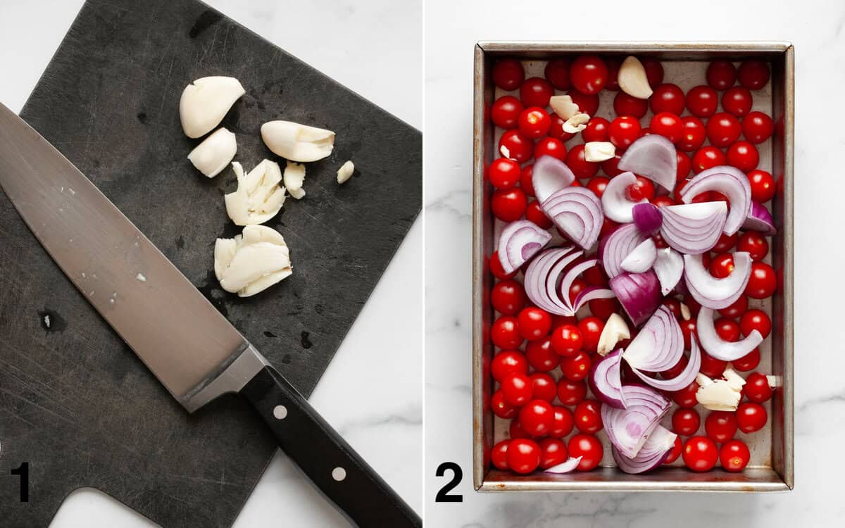 Smashed garlic on a cutting board. Tomatoes, onions and garlic in a pan before they roast.