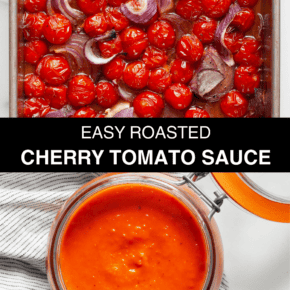 Roasted tomatoes in a pan with pureed tomato sauce in a jar.