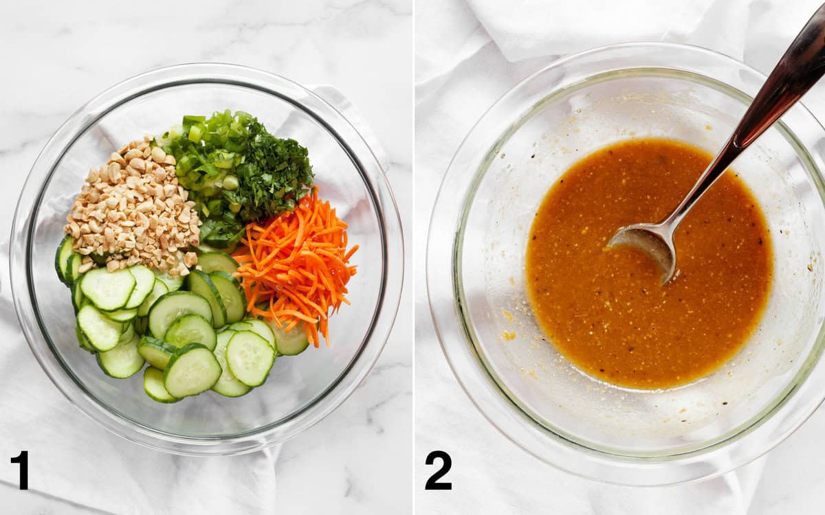 Salad ingredients assembled in a large bowl. Peanut dressing in a small bowl.