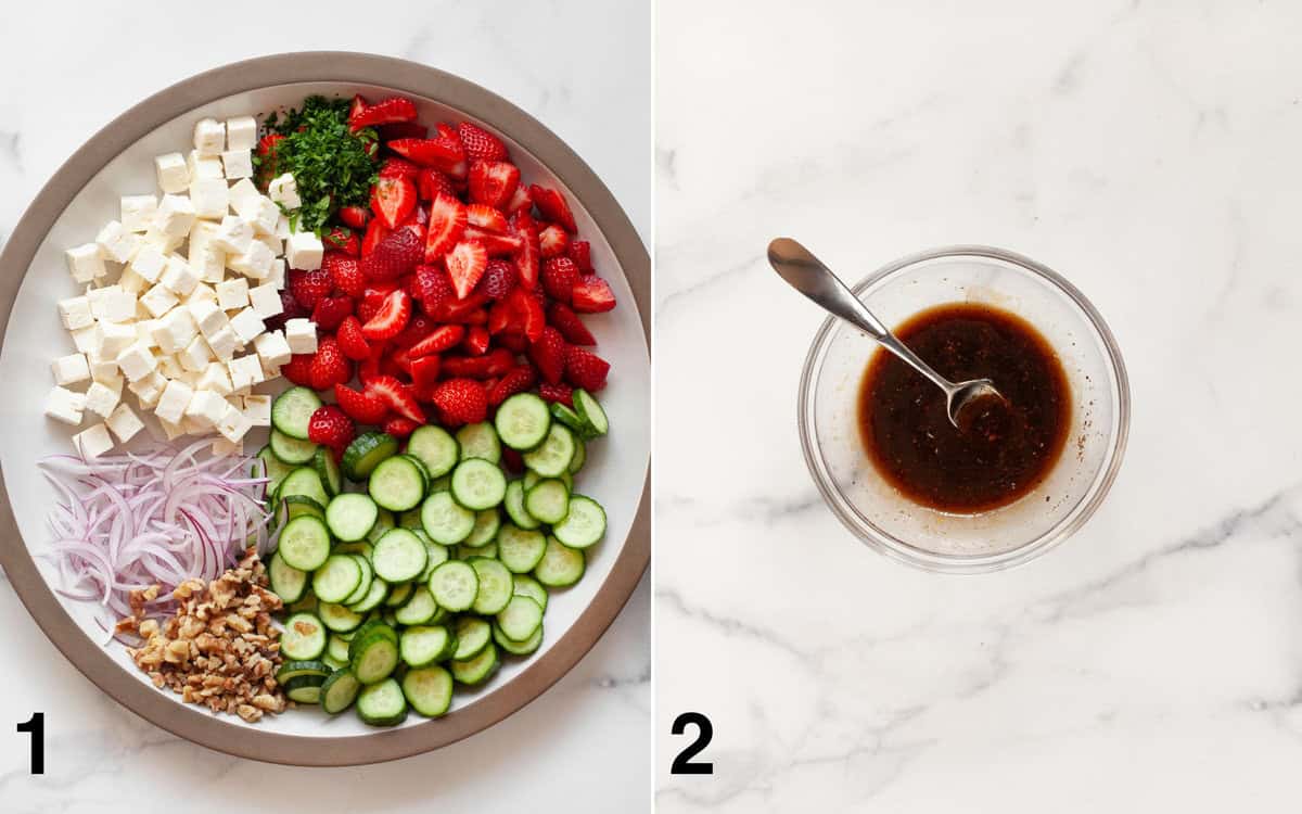 Salad ingredients in a large bowl. balsamic vinaigrette whisked in a small bowl.