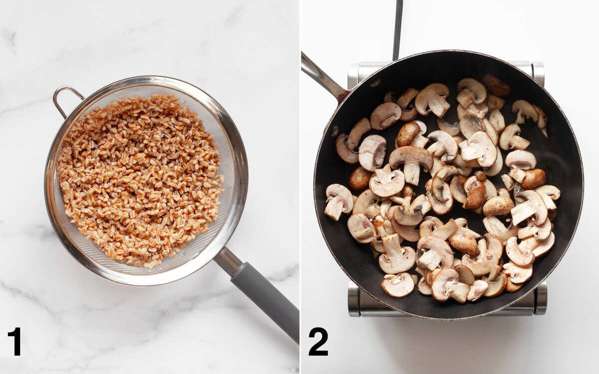 Cooked farro in a strainer. Mushrooms sautéing in the skillet.