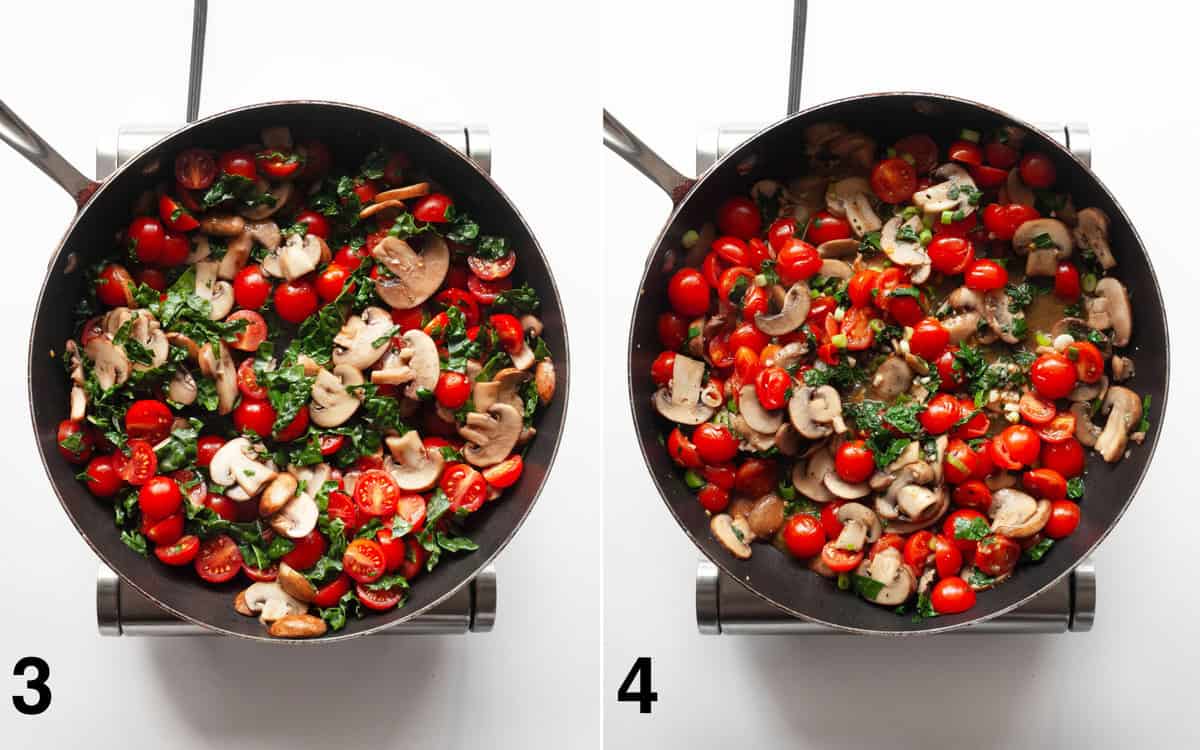 Tomatoes, mushrooms and kale sautéing in the skillet. Garlic, scallions and seasonings stirred into veggies.