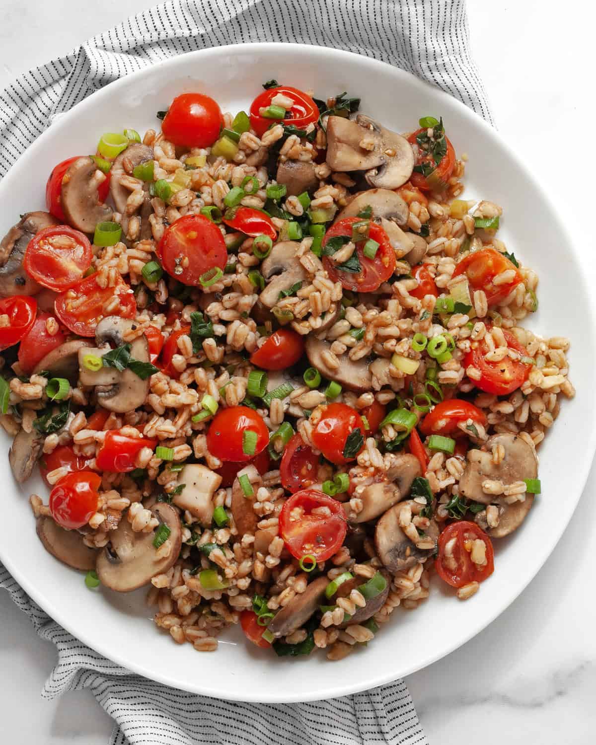 Mushroom tomato farro on a plate.