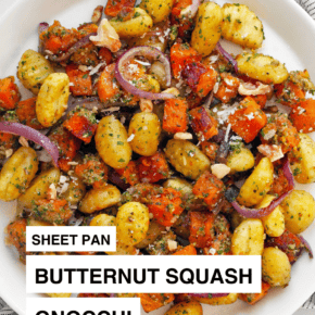 Roasted butternut squash sheet pan gnocchi in a plate.