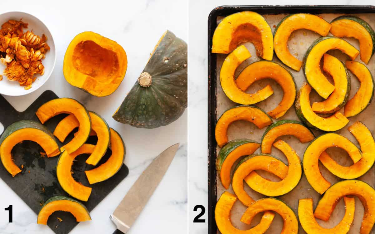 Kabocha squash halved and sliced into wedges. Squash wedges on a sheet pan before they roast.