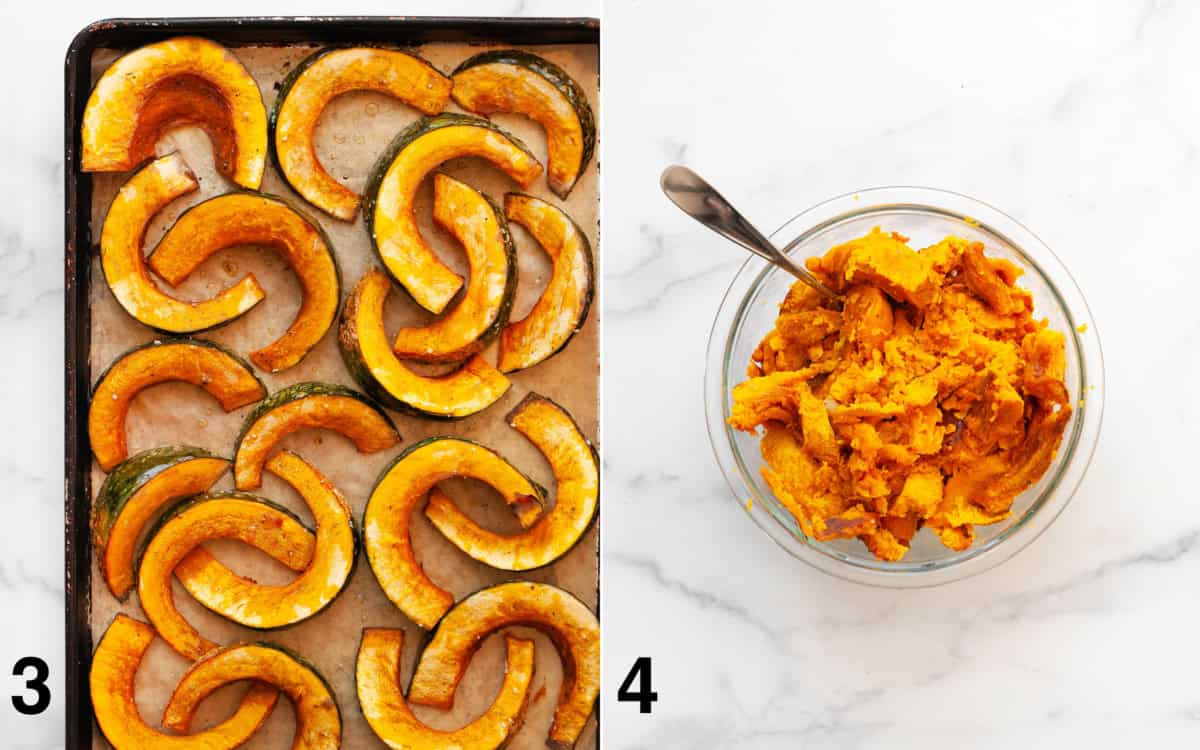 Roasted squash wedges on a sheet pan. Squash flesh in a bowl.