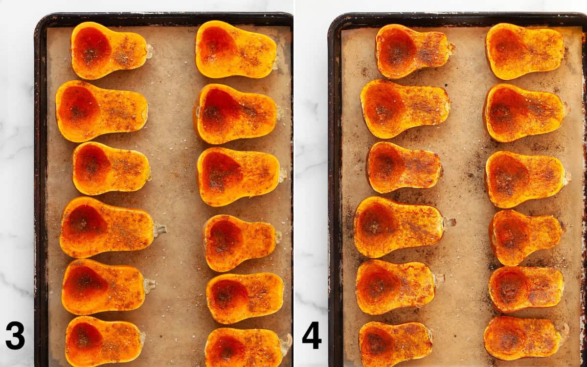 Honeynut squash halves on sheet pan and seasoned before and after they roast.