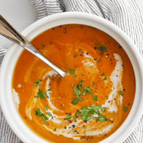 Bowl of creamy kabocha squash soup.