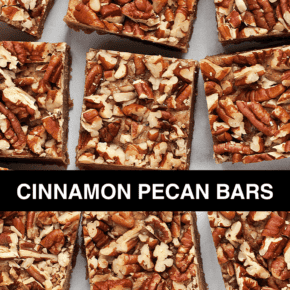 Cinnamon pecan bars cut into squares and lined up in rows.