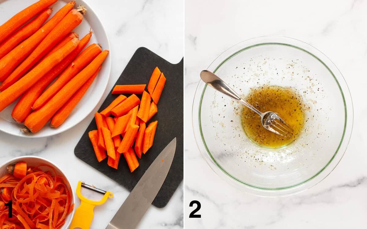 Sliced carrots on a cutting board. Garlic-oil mixture in a large bowl.