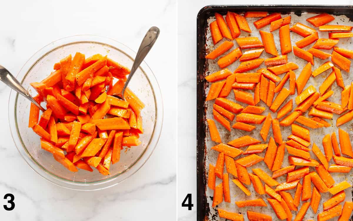 Carrots stirred into marinade in a bowl. Raw carrots spread across a sheet pan.