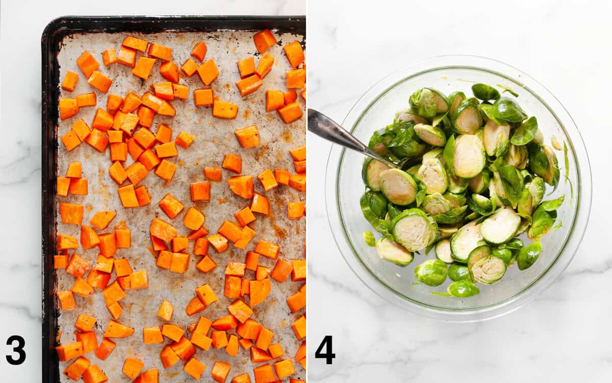 Sweet potatoes on a sheet pan before they roast. Sliced brussels sprouts stirred into marinade.