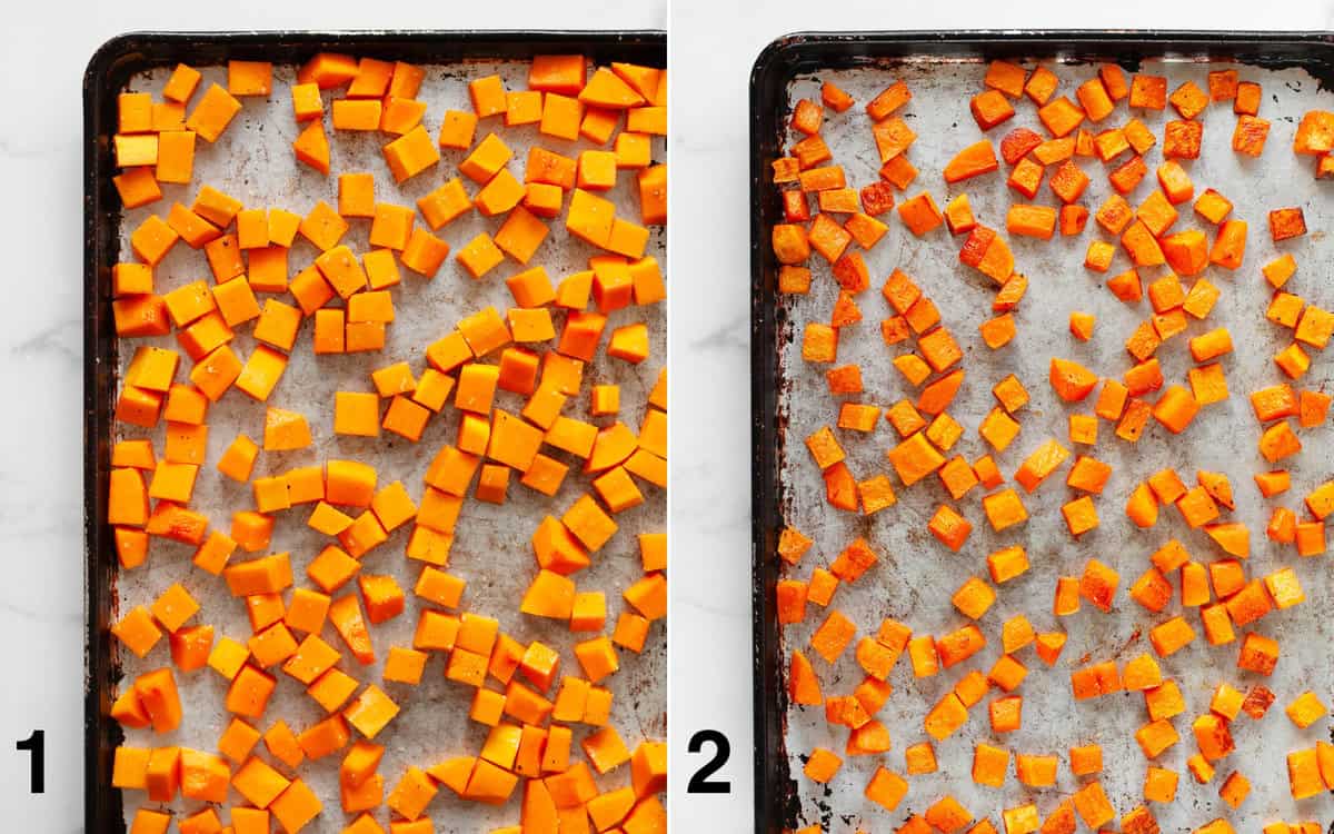 Butternut squash on a sheet pan before and after it is roasted.