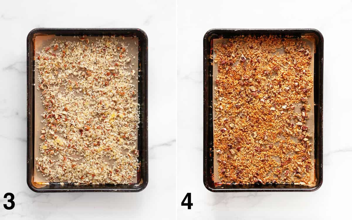 Breadcrumbs on a sheet pan before and after they are toasted.