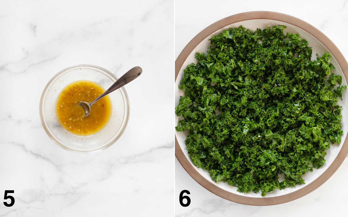 Vinaigrette in a small bowl. Kale leaves dressed with vinaigrette in a large bowl.