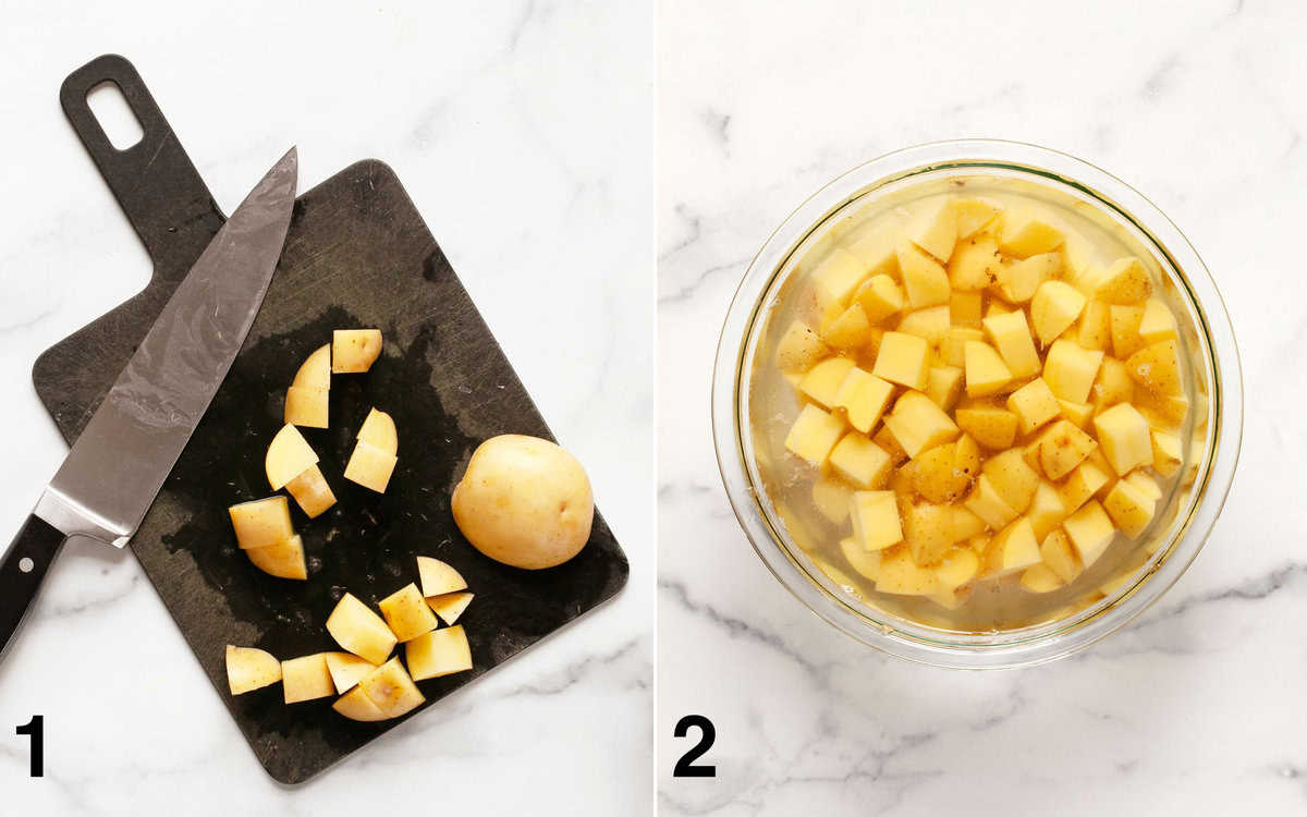 Diced potatoes on a cutting board. Potatoes soaking in a bowl of water.