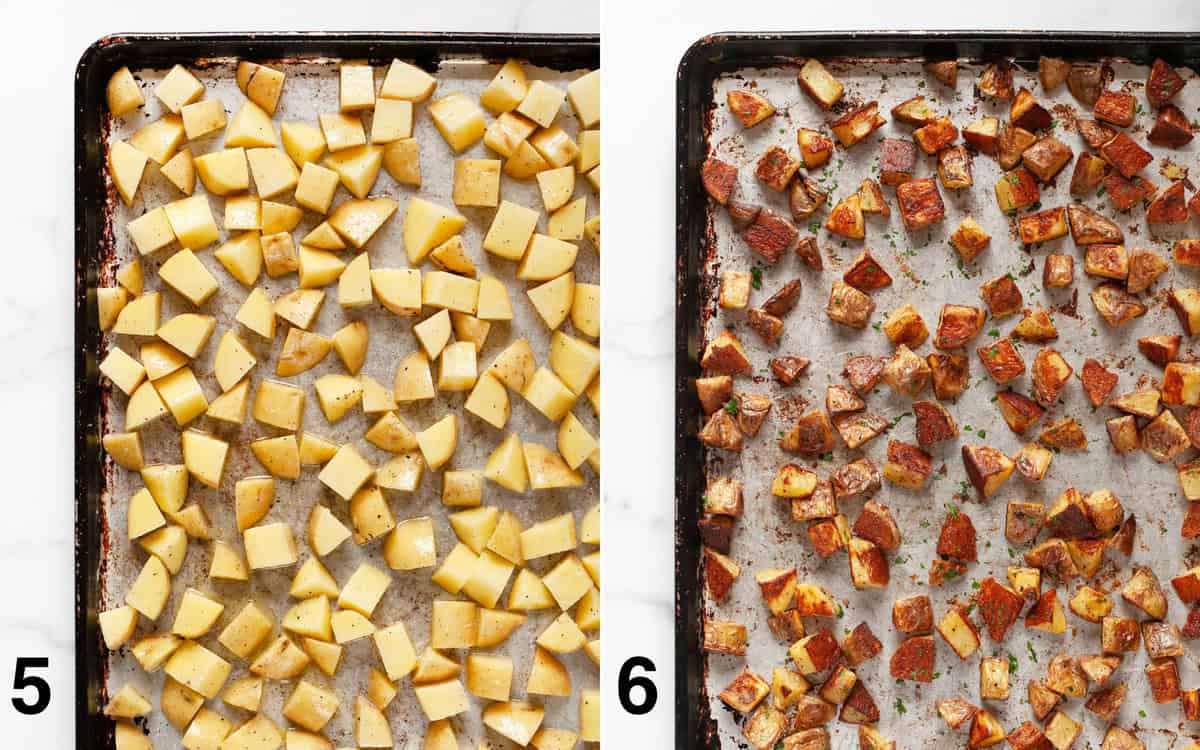 Diced potatoes on a sheet pan before and after they roast.