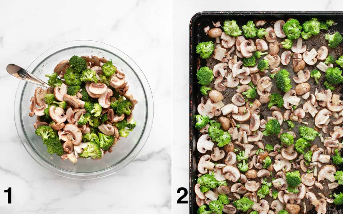 Broccoli and mushroom stirred with oil, salt and pepper in a bowl. Vegetables on a pan before they roast.