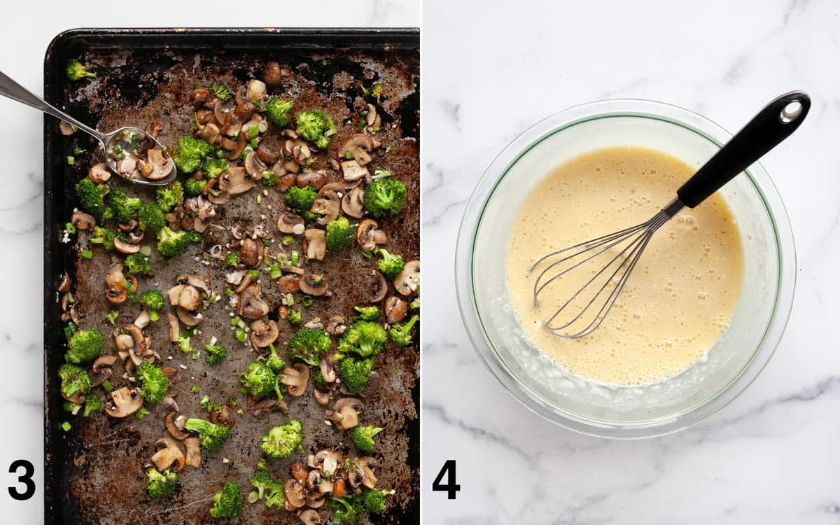 Roasted broccoli and mushrooms on a sheet. Egg-cottage cheese mixture in a bowl.