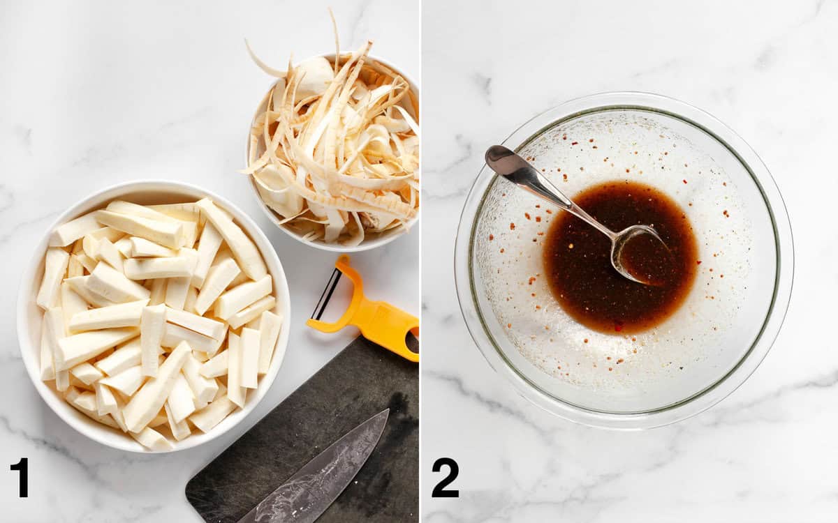 Peeled and cut parsnips. Marinade mixed in a bowl.