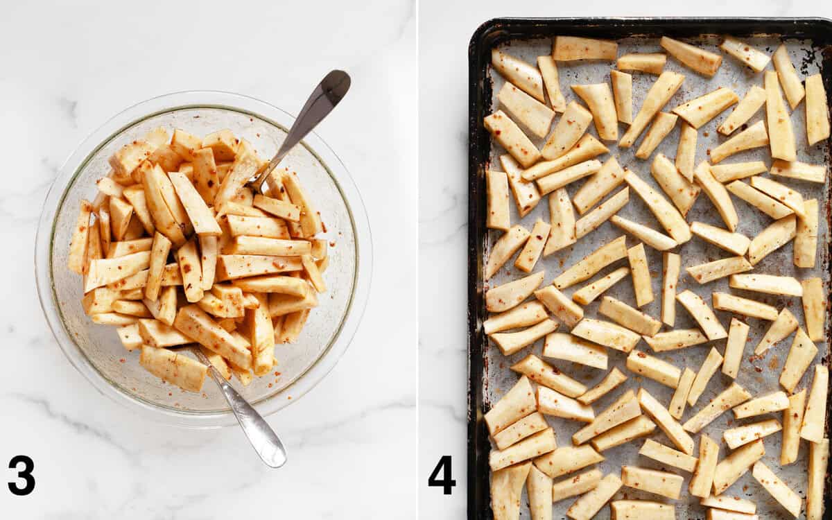 Raw parsnips stirred into marinade in a large bowl. Parsnips on a sheet pan before they roast.