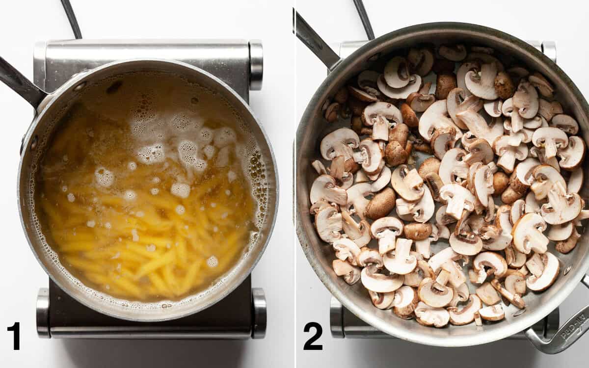 Penne simmering in a pot. Mushrooms sautéing in a pan.