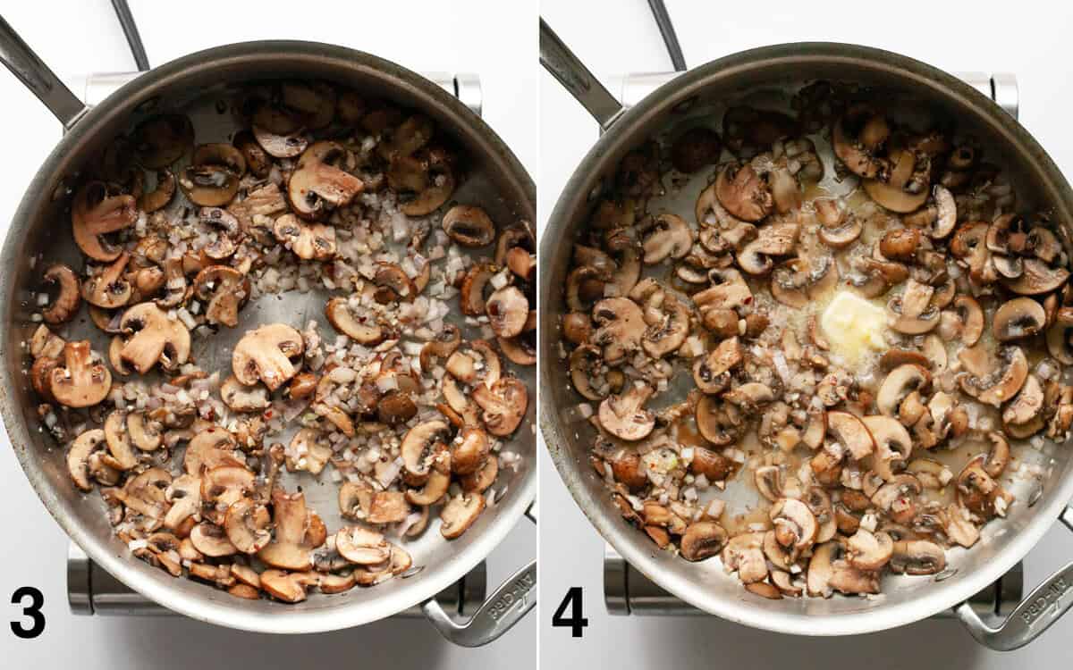 Shllots, garlic and seasonings stirred into sautéed mushrooms. Butter melting into mushrooms in the pan.